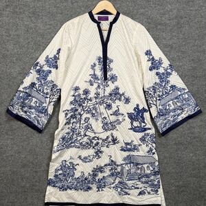 Sana Safinaz Size Medium Tunic Dress Ivory Cotton Herringbone‎ Embroidered Boho